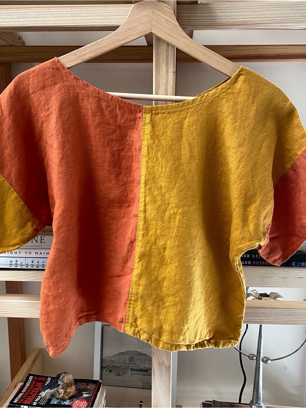 Two-Tone Linen Tunic Top in Mustard & Rust
